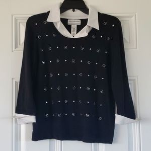 Alfred dunner petite small black sweater with white detailing and spangled front